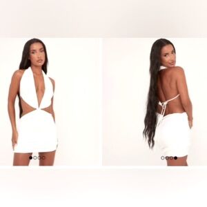 NWT EGO‎ Halterneck Knotted Front Cut Out Ruched Mini Dress In White Slinky